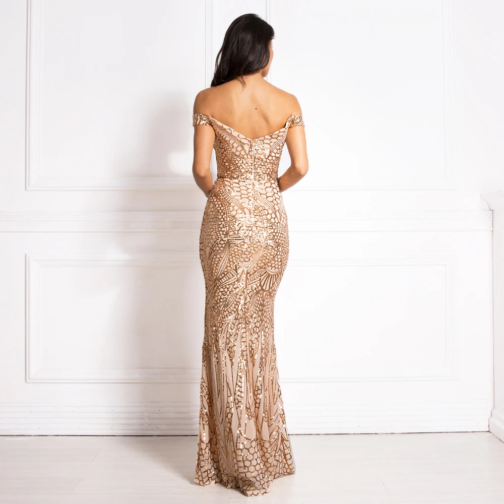 Пикантные Вечерние Платье макси с пайетками платье Slash шеи плеча золото Макси