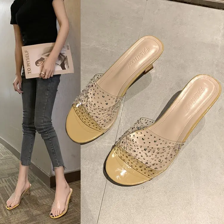 

Transparent Slipper Women's Outer Wear 2019 New Style Summer Korean-style Versatile Chunky-Heel Square Head Online Celebrity Fas
