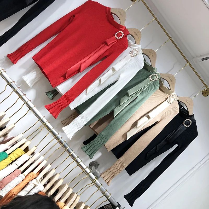 Темперамент лук свитер женский красный свитер женский Crewneck сплайсинга жемчуга ленты рог рукав вязанная рубашка свитера Короткий Джемпер