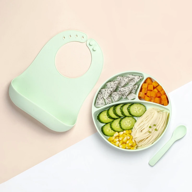

Baby Newborn Bibs+Divided Dinner Plate+Spoon Set Silicone Feeding Saliva Towel