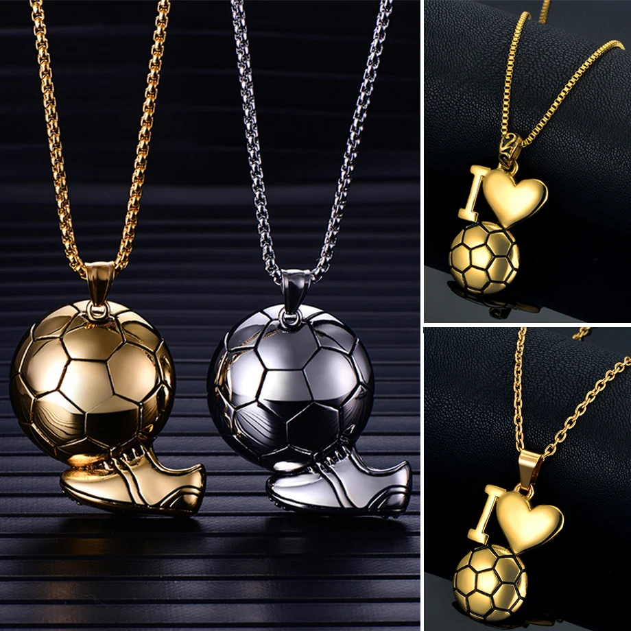 Collares de fútbol para hombre y mujer, joyería esmaltada balón de acero inoxidable, colgante y cadena de deporte para Fitness y fútbol, Color dorado|Collares colgantes| -