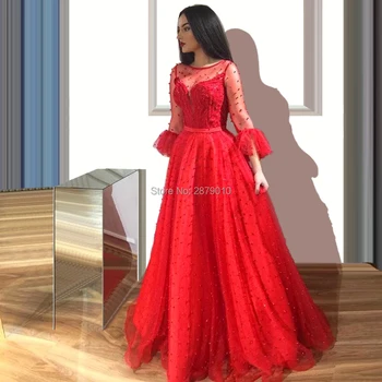 

Glamorous Red A-Line Evening Dress Floor-Length Beaded Prom Dress Robe De Soiree Aibye Middle East вечернее платье Arabia Dubai