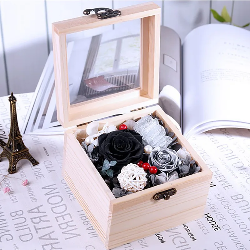 Flower Rose In Wood Storage Box Flasks Receive Immortal Flower Eternal Romantic Gift For Lovers Birthday Gifts Valentine's Day