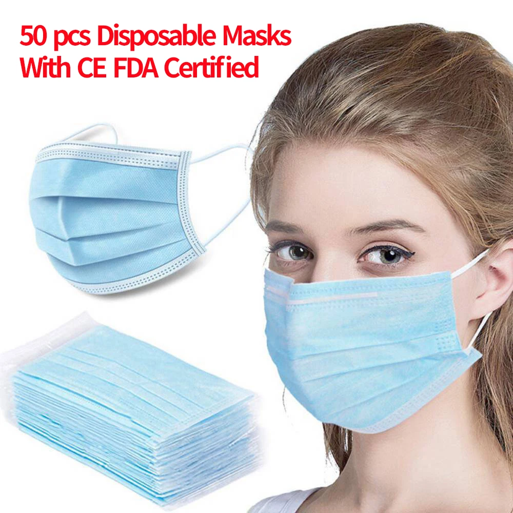 

IN STOCK 50PCS 3 ply Disposable Face Masks with Ear loop For Germ Protection With CE FDA Certified AntiViral PM2.5