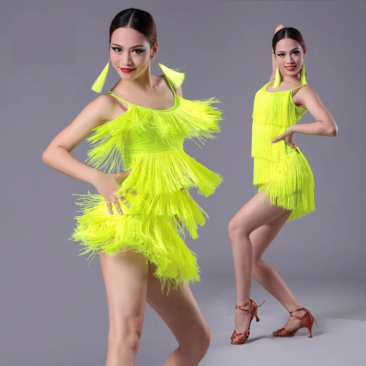 Latin Dress Adult Modern Ballroom Latin Dance Dress Tassel Fringe Salsa Tango Dance Wear Black Performance Stage Wear