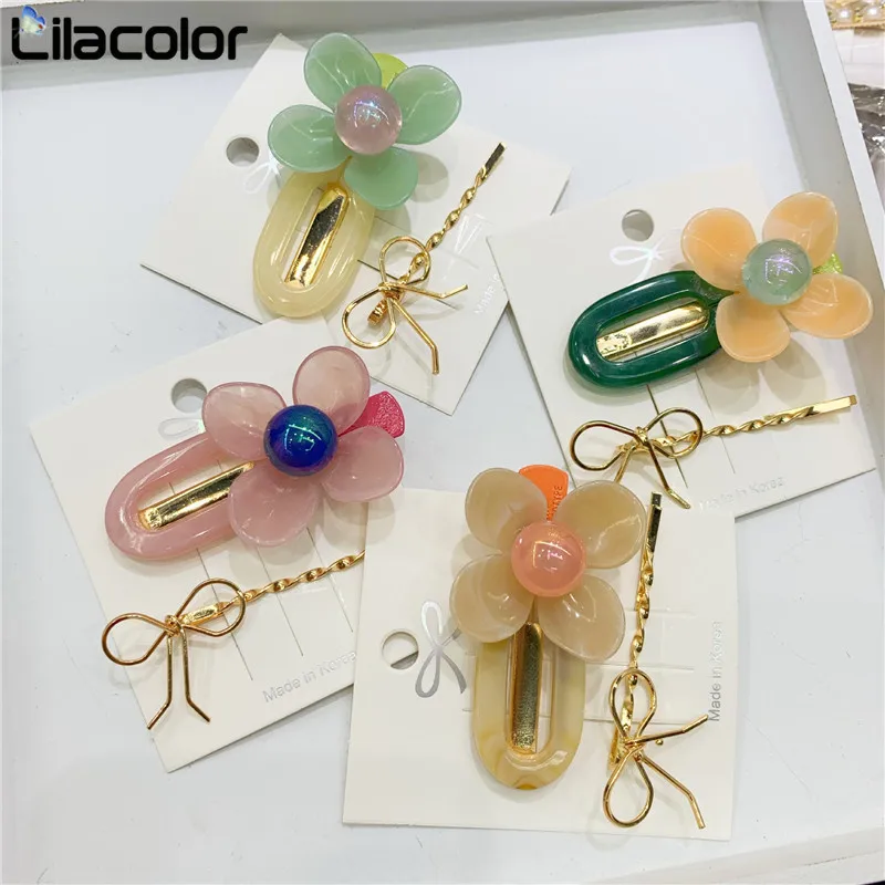 

2 pcs/set Korea Flower Acrylic Hair Clips Bow Tie Hairpins Hair Accessories for Women Girls