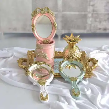 

1pcs Makeup Mirror Wooden Resin Vintage Luxuriant Handle Hand Hold Oval Elliptical Cute Creative Cosmetic Gift Pink White Green