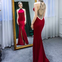Вечерние платья, длинные, для свадебной вечеринки, элегантные, с лямкой через шею, со шлейфом, вечерние платья русалки, роскошное, официальное, вечернее платье, Robe De Soiree