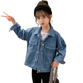 

Girls Denim Jacket Single Breasted Coat For Girls Turn Down Collar Children's Jacket Solid Color Clothes Girl 6 8 10 12 14