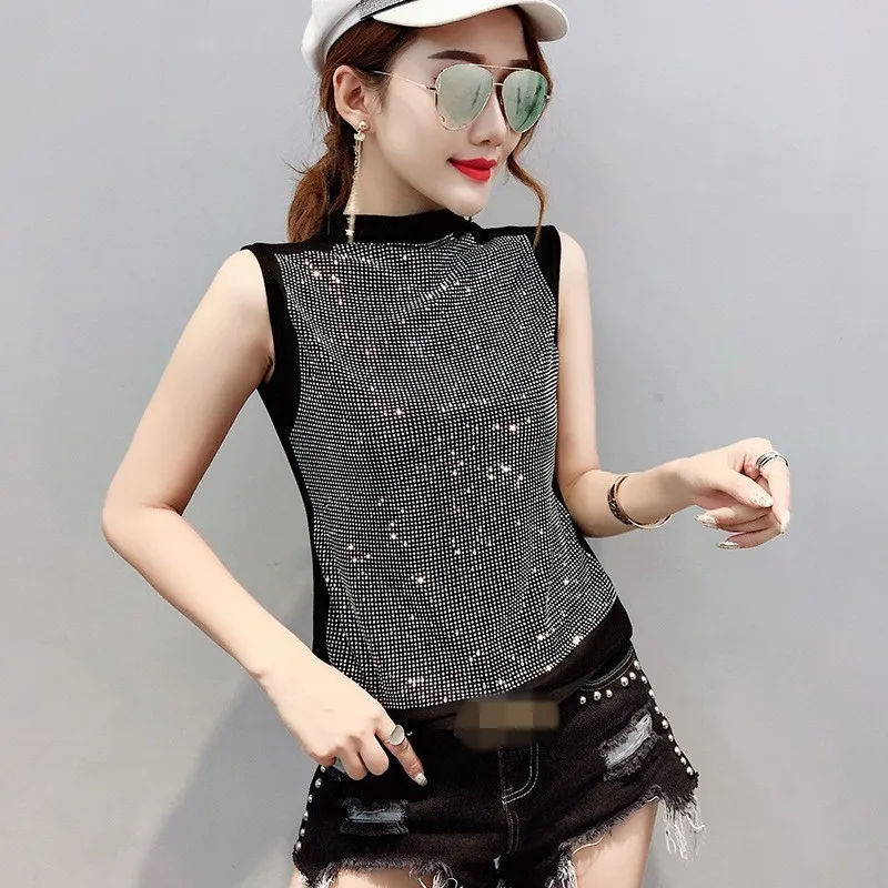 New European Summer Womens Sleeveless Shiny Diamonds Tees Half Turtleneck Slim Fit Night Club Wear Female T-Shirts Plus Size 3XL | Женская
