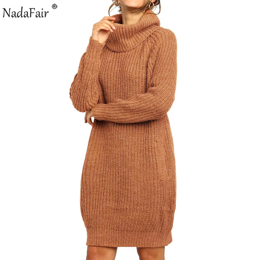 Nadafair, трикотажное платье-свитер, водолазка, Осень-зима, платье для женщин, толстые свободные карманы, повседневный длинный свитер, пуловер, платье