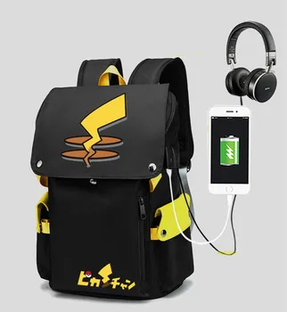 

Pikachu Anime USB Port Book bag Backpack Rucksack Student School Computer Bag For Boys Girls Travel Black Gifts