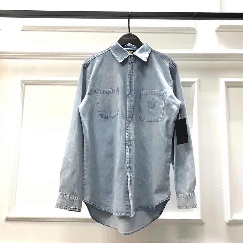 19FW DREW HOUSE, Мужская джинсовая рубашка, уличная рубашка с длинным рукавом, Camisas Hombre, мужские и женские рубашки с отворотом, свободная джинсовая рубашка в стиле хип-хоп - Цвет: Синий