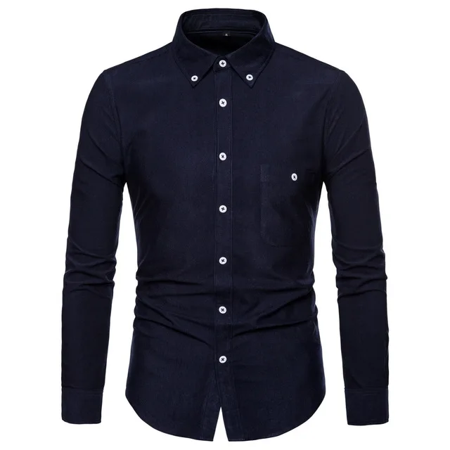 Navy blue Вельветовая Мужская рубашка с длинным рукавом, большой размер 3XL 4XL 5XL, деловая рубашка, Мужская модная повседневная Однотонная рубашка с отворотом, базовые рубашки RM50058 - Цвет: Navy blue