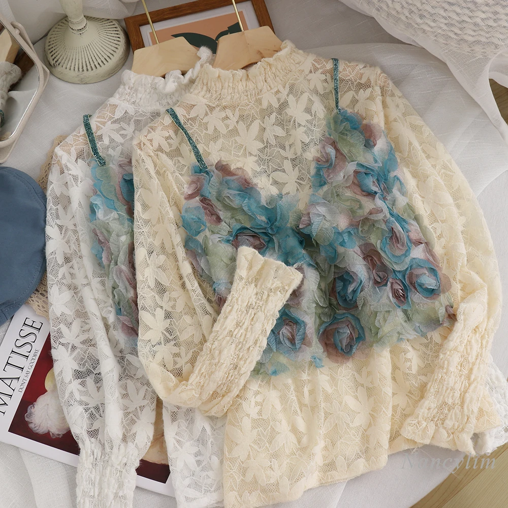 

Turtleneck Brushed Lace Shirt for Women Three-Dimensional Flower Spaghetti Straps Camis Outerwear Two-Piece Lady Blouses