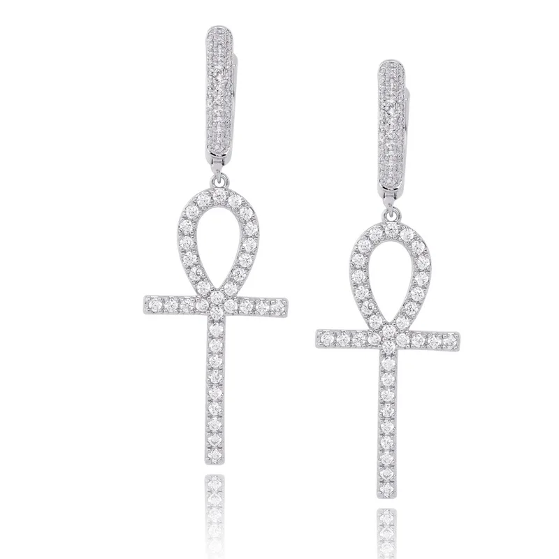 1 пара микро проложили AAA кубический цирконий Bling Iced Out Ankh серьги-кольца с крестиком для женщин мужчин хип-хоп Rappy ювелирные изделия золото серебро