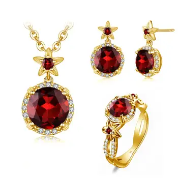 

14K Gold Jewelry Sets For Women Real Sterling Silver 925 Ring Earring Pendant Sets Boho Flower Garnet With Diamond Fine Jewelry