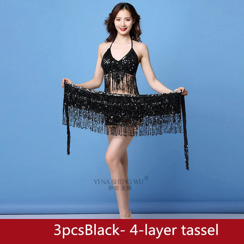 3pcsBlack 4-layer Танец живота латинский блесток Холтер Топ бюстгальтер пояс бедра юбка набор сексуальный женский костюм для вечеринки Tassel искушение сценические комплекты - Цвет: 3pcsBlack 4-layer