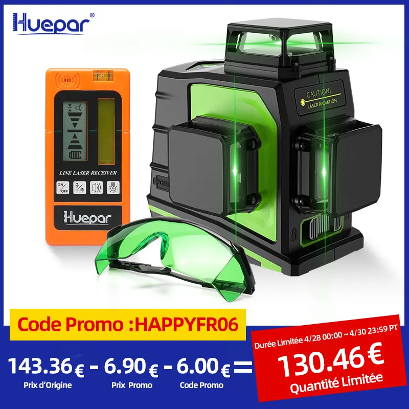 Huepar 12 Lines 3D Green Cross Line Laser Level Self-Leveling 360 Degree Vertical & Horizontal Glasses Receiver USB Charging