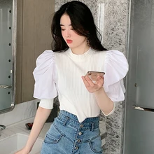 Aliexpress - Loose Designer X289 Puff Sleeve Stretch Knitted Blouse Women Vintage Summer Pullover Patchwork Poplin Ruffles Tops Black White