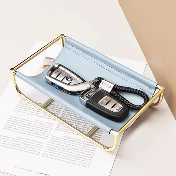

Light Luxury Desktop Storage Shelf Northern European-Style INS-Style Key Storage Tray Gold Iron Art Leather Home Soft Decoration