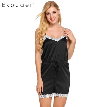 

Ekouaer Women Adults Sexy Onesies Summer Pajamas Sets Nightwear Strapy Sleeveless Lace-Trim Satin Sleepwear Home Suits