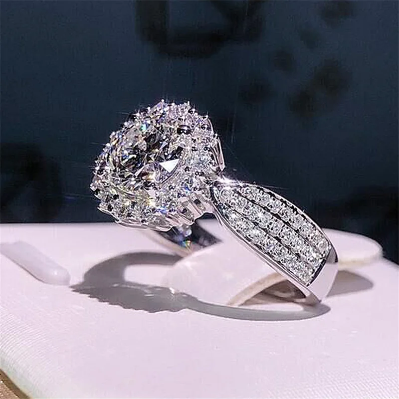 Sparkling Silver Color Round Crystal Rhinestone Zircon Ring Clear AAA CZ Wedding Engagement Bridal Fashion Jewelry finger ring,silver ring,wedding rings,wedding ring,zircon crystal ring