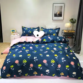 

Ink blue pink flowers bed linen bedding set duvet cover flat bed sheet pillowcase king queen full single size Family size