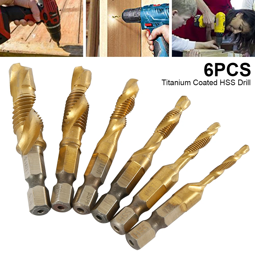 6pcs 1/4" M3-M10 Screw Tap Drill Bits HSS Countersink Coated Taps Hex Shank Thread Woodworking Drill Bits Hand Tools