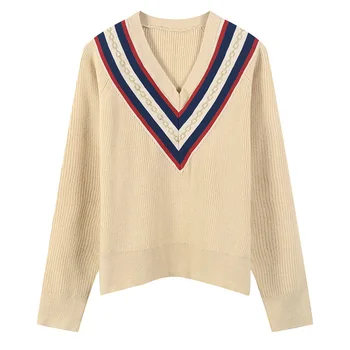 

2020 V-Neck Striped Women Sweater Pullover Autumn Winter Knitted Female Tops Long Sleeve Oversized Streetwear Ladies Jumper