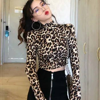 

2019 New Fashion Sexy High Street Ladies Zebra Leopard Animal Print Shirts Women Turtleneck Long Sleeve Stretch Zebra Female Top
