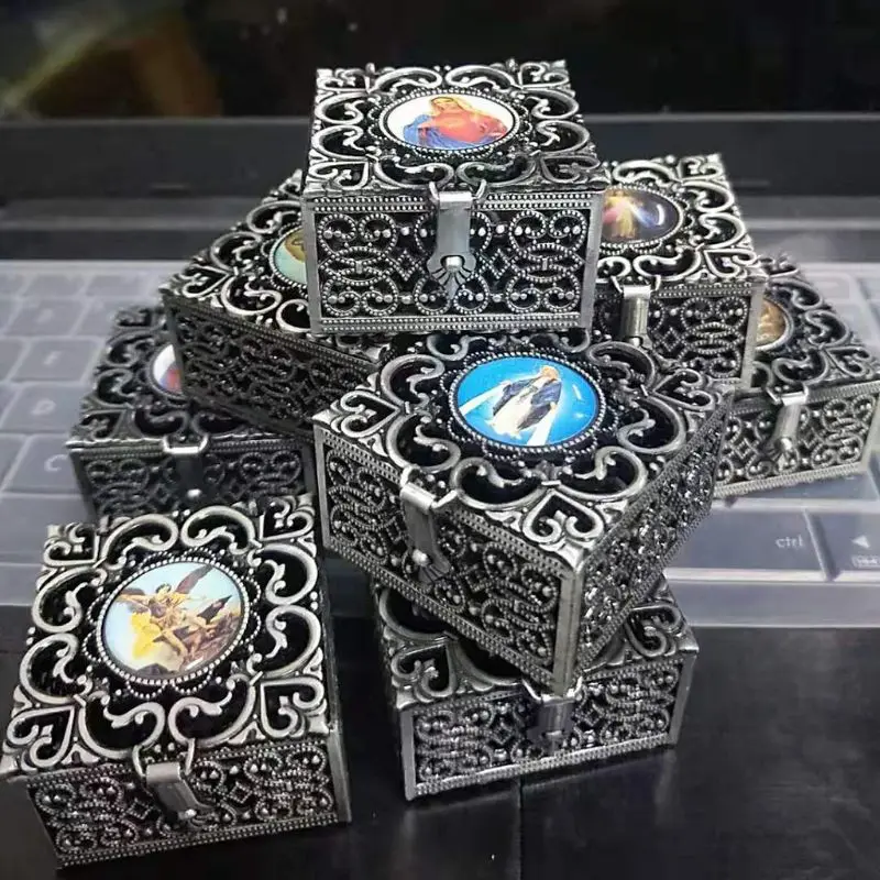 Rosary Beads Box Necklace Metal Christian Catholic Religious Jewelry Case Storage Organizer Gift