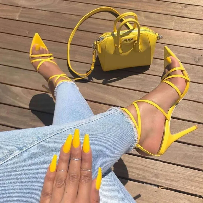 

Summer Sexy Yellow Sandals Ladies Sandals New Pointed Fish Mouth Cross Stilettos Sharp Point Toe 11.5cm heels zapatos de mujer