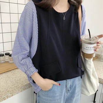 

Women Long Sleeve T-Shirt for Spring Autumn 2020 Korean Fashion Fake Two Piece Patchwork Chic Female Tops Causal Ladies Shirts