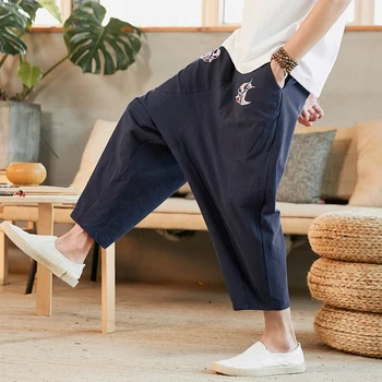 

5XL Men's Drop Crotch Pants Summer Baggy Linen Trousers Plus Size Male Elastic Waist Swarrow Printed Wild-leg Cross Pants XXXXXL