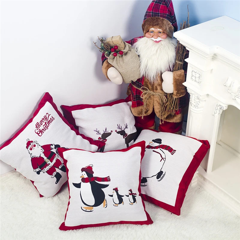 

2020 Explosion Family Decoration 45x45cm New Christmas Linen Pillowcase Santa Cushion Cover Fabric Sofa Cushions Penguin Snowman