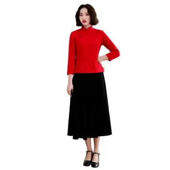 

Shanghai Story Long Sleeve Cotton Chinese Blouse With Linen Black Skirt Set For Women