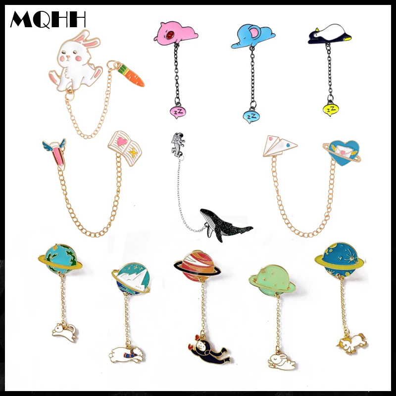 

Creative Pendant Chain Enamel Brooch Planet Astronaut Animal Elephant Bear Whale Rabbit Book Heart Shape Alloy Badge Cartoon Pin