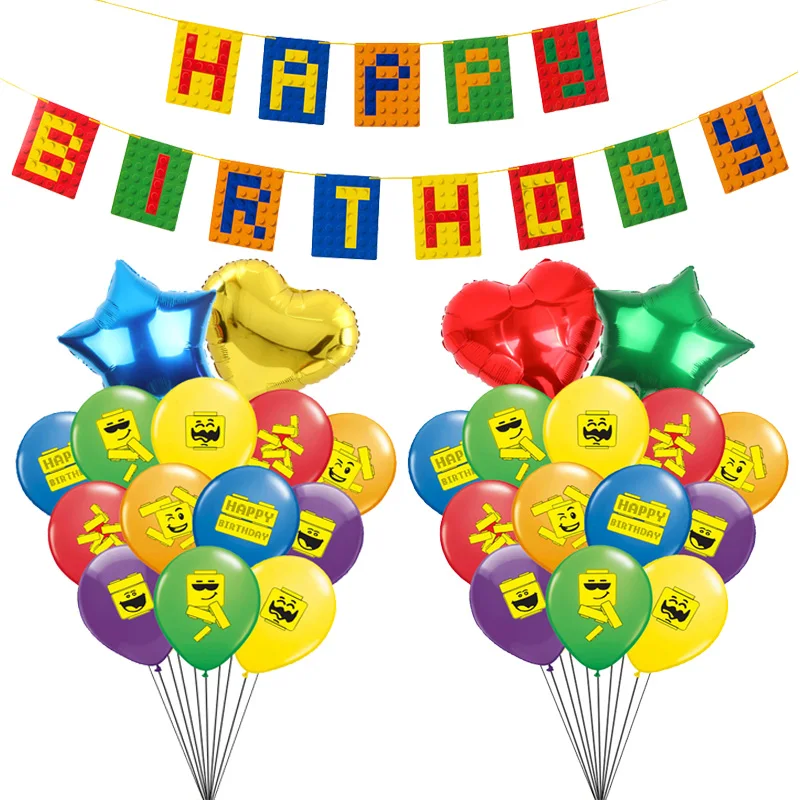 Building Blocks Latex Balloons Banner Brick Theme Happy Birthday Flag Anniversaire Kids Toy Ballons Baby Shower Party Decoration Ballons Accessories Aliexpress