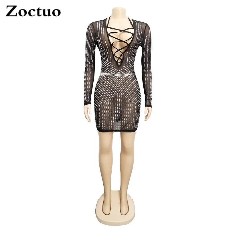 Zoctuo женское сексуальное прозрачное Сетчатое Алмазный бандаж платье с v-образным вырезом и длинным рукавом пуловер средняя талия перспективное мини-платье для ночного клуба