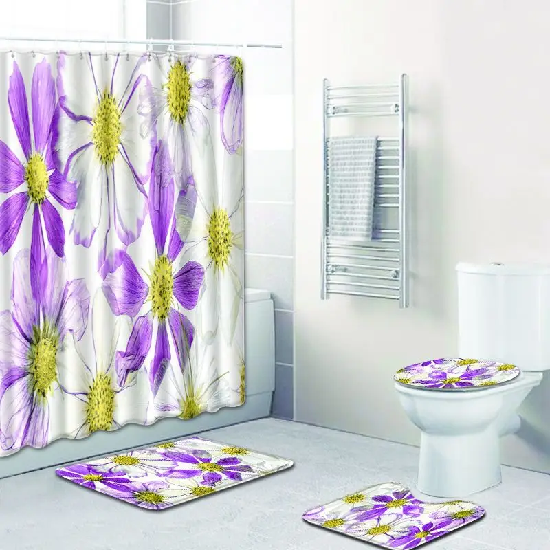 

Waterproof Shower Curtain Flower Pattern Waterproof Rectangle Non-slip Floor Mat Bath Mat Toilet Seat Cover Bathroom Curtain