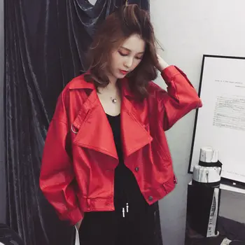 

Spring Faux Leather Jacket Women Loose Pu Motorcycle Biker Black Coats Female Turn-down Collar Punk Jackets Womens 2020 New