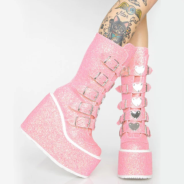 Botas de moto con plataforma gruesa para mujer, zapatos de cuña estilo  gótico, Punk, de moda, talla grande 43, color rosa brillante|Botas a media  pantorrilla| - AliExpress