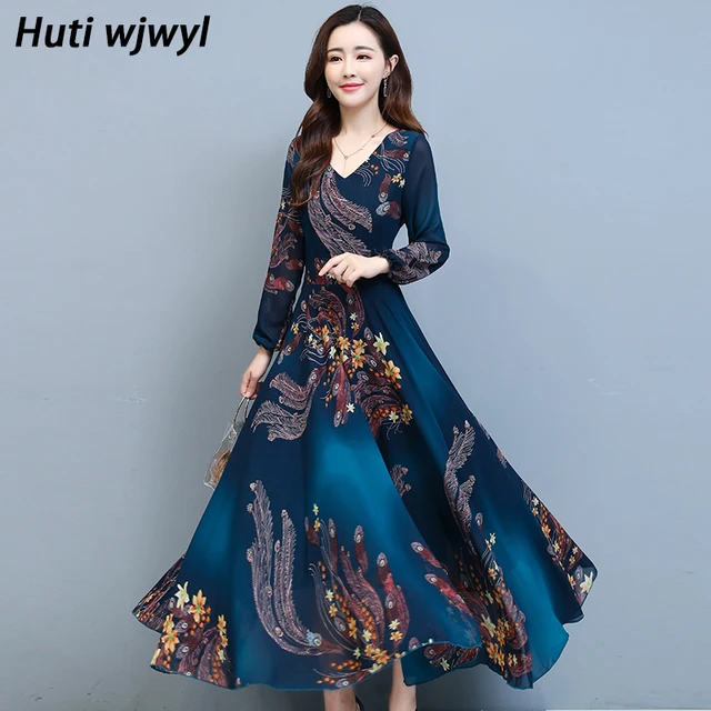 Autumn Winter Vintage Plus Size Boho Dress Floral Chiffon Long Sleeve Casual Beach Dress 2021 Women Bodycon Party Maxi Vestidos 1