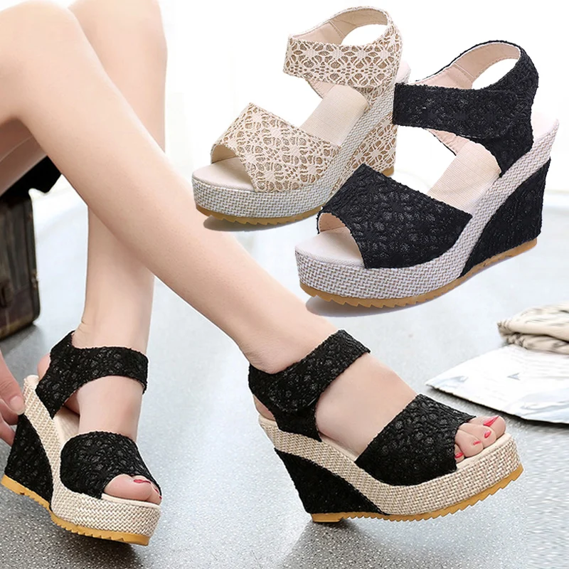 

Women Lace Platform Wedges Sandals Peep Toe Breathable Shoes for Summer G66