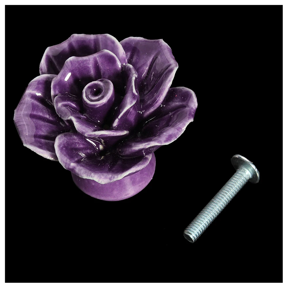 

Vintage Chic Shabby Floral Rose Ceramic Door Knobs Drawer Cabinet Handle Kitchen Purple