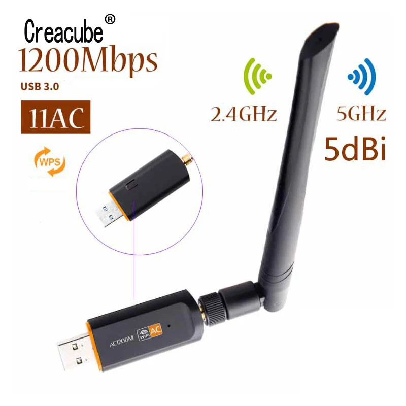 Creacube USB 3,0 1200 Мбит/с Wifi адаптер двухдиапазонный 5G 2,4 ГГц 802.11AC RTL8812 Wifi 5дб антенна сетевой адаптер карта для ноутбука ПК