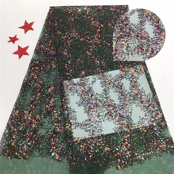 

Free shipping 5 yards/set High quality French net lace withsequins in green color for bridal gown!