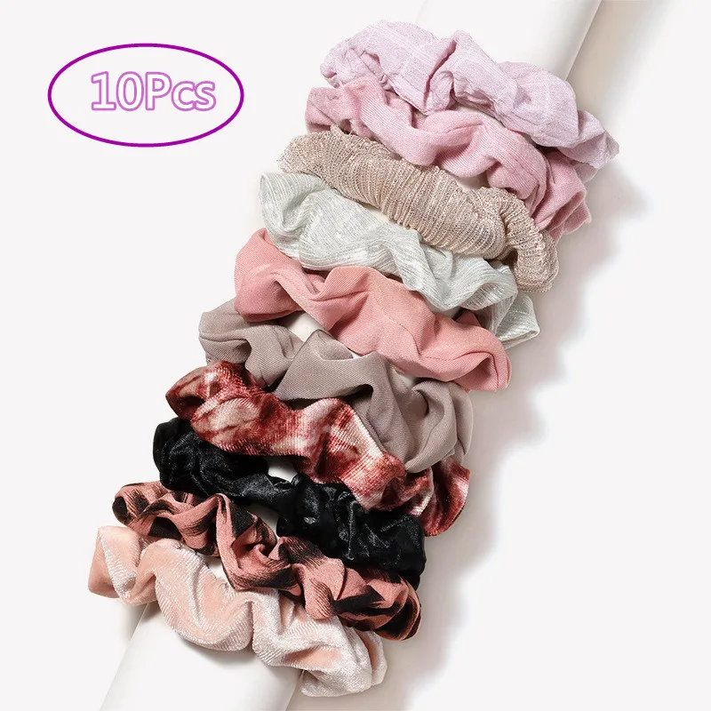 10pcs/lot Fashion Women Velvet Chiffon Leopard Tie-dye Print Hair Scrunchies Pink Black Small Hair Band Ponytail Holder Headband non slip velvet clothing hangers 50 pack pink