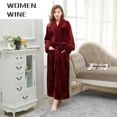 Women Wine Теплый зимний банный халат до середины икры для влюбленных, Женский фланелевый Халат кимоно с длинным рукавом, халат для невесты, халаты для подружек невесты - Цвет: Women Wine